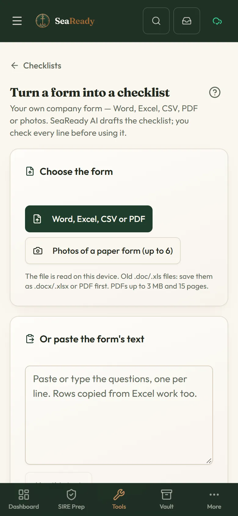 The screen that turns a company form into a checklist: choose a Word, Excel, CSV or PDF file, up to 6 photos of a paper form, or paste the form’s text.