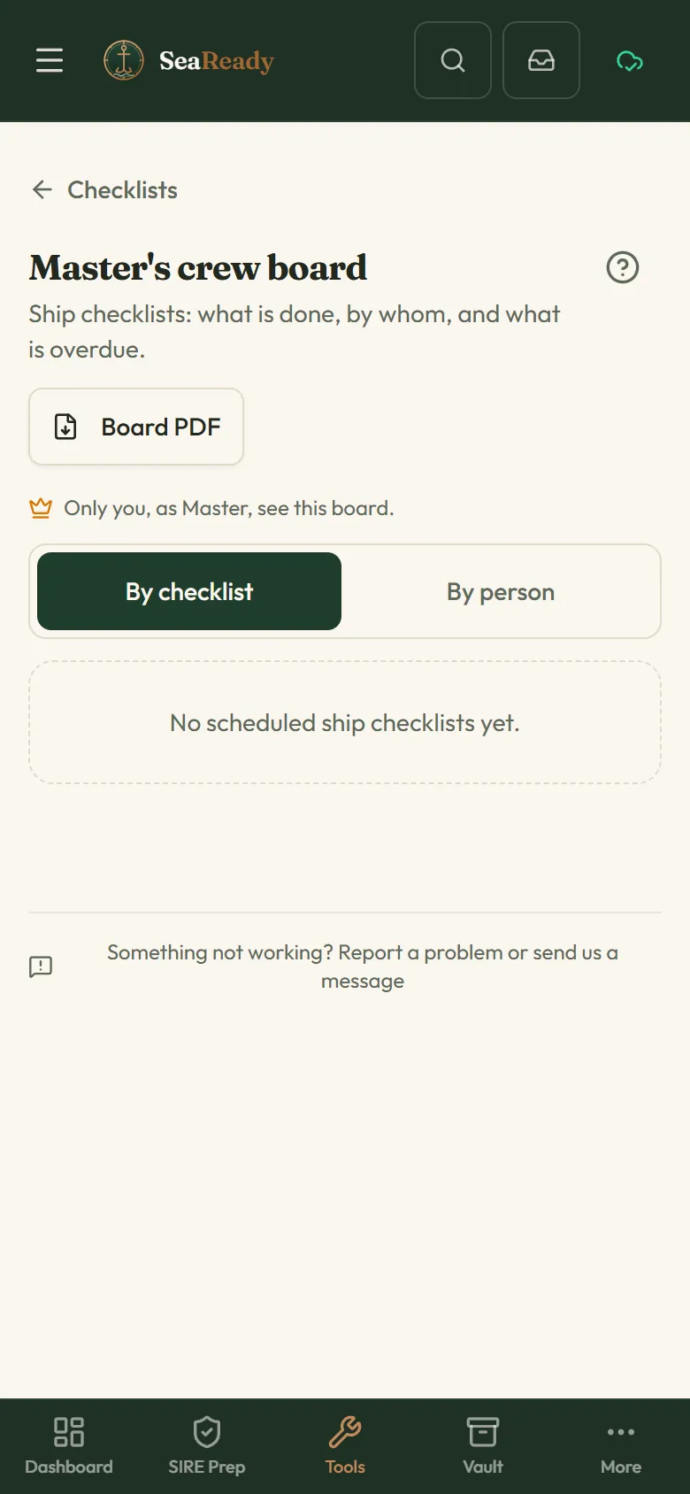 The Master’s crew board with the Board PDF button and the By checklist and By person views; the demo ship has no scheduled ship checklists yet.