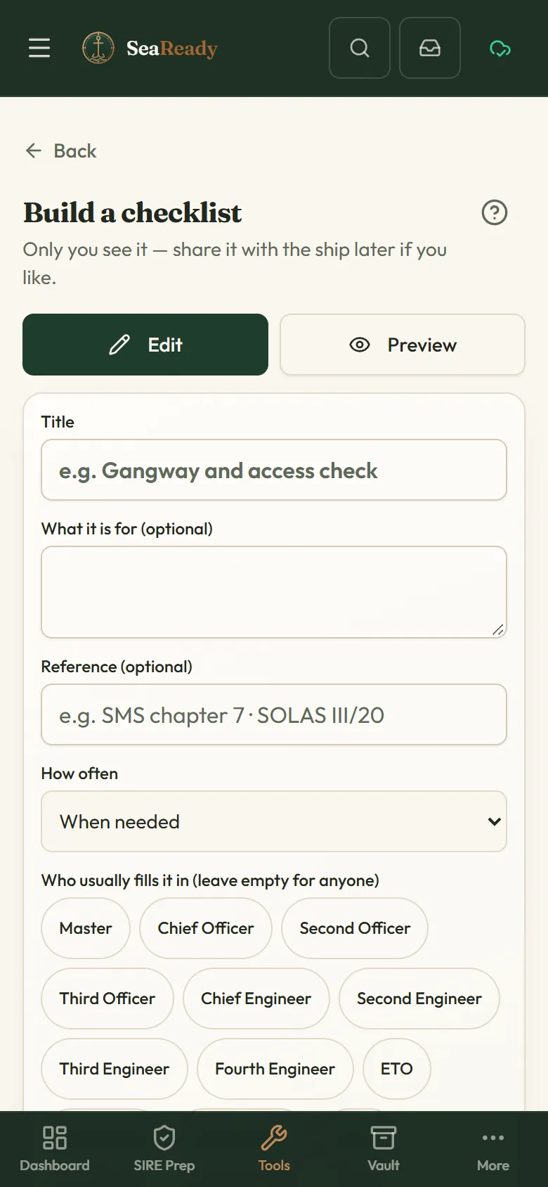 The checklist builder with Edit and Preview at the top and boxes for the title, what it is for, the reference, how often it is done and which ranks usually fill it in.