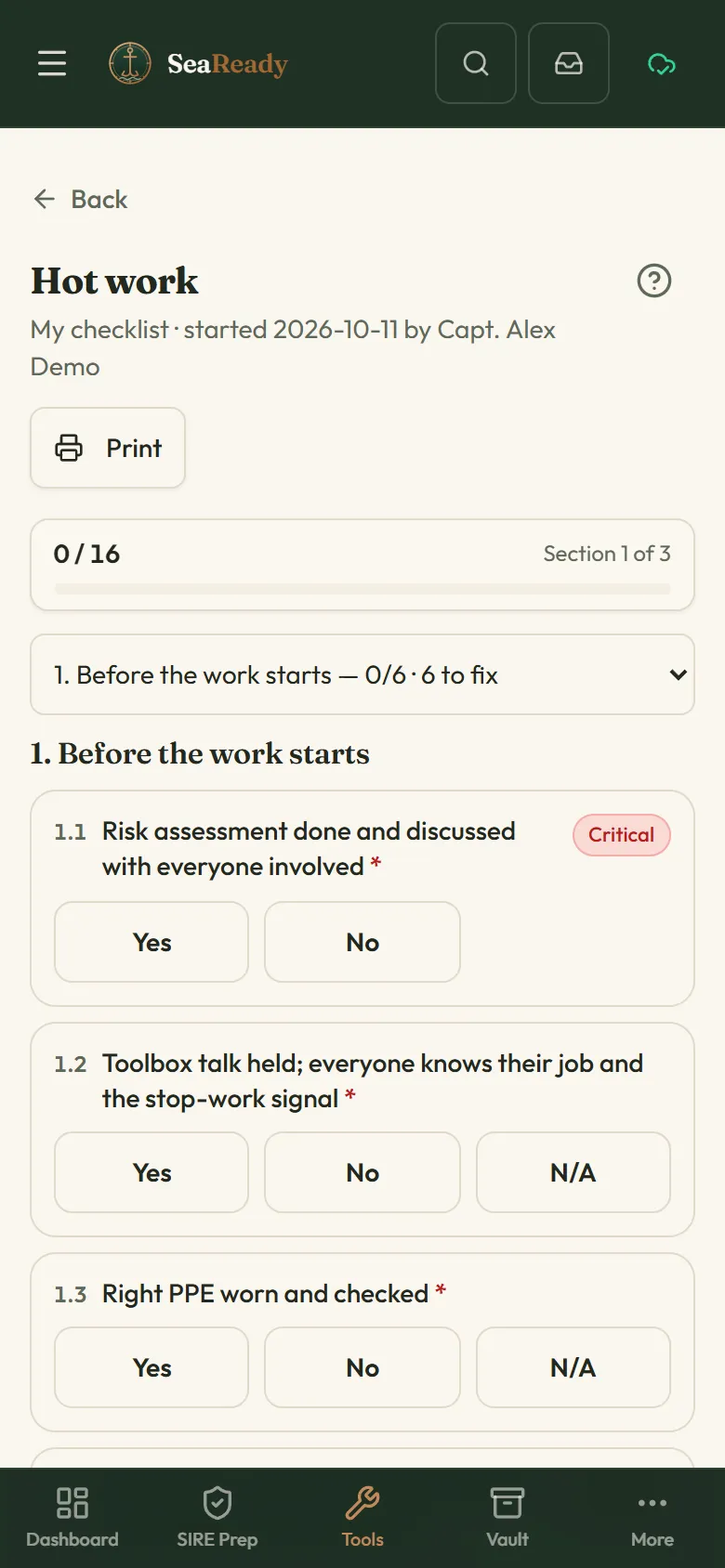 A hot work checklist being filled in on a phone: the progress line (0 of 16, section 1 of 3) and the first questions with Yes, No and N/A buttons, one marked Critical.