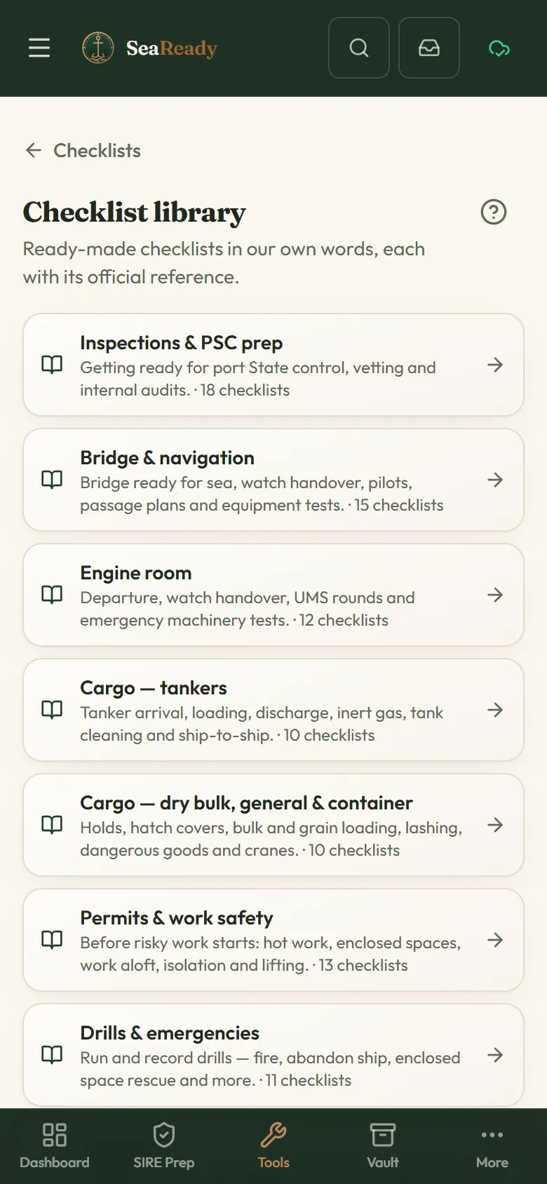 The ready-made checklist library with its groups, each with a short summary and the number of checklists: inspections and PSC prep, bridge, engine room, cargo, permits and drills.