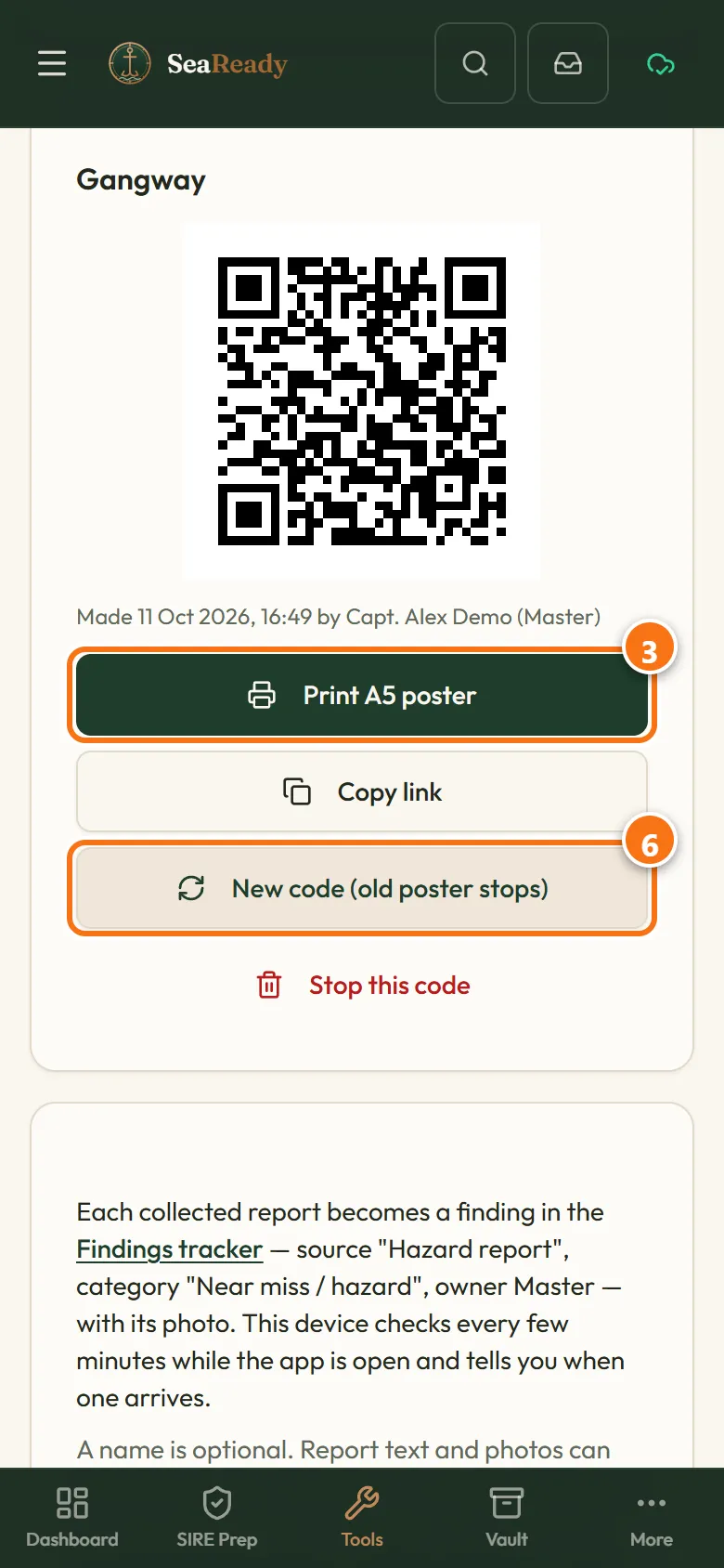 The Master’s Gangway hazard report QR code on a phone, with creation date and name, Print A5 poster, Copy link, New code and Stop this code controls.