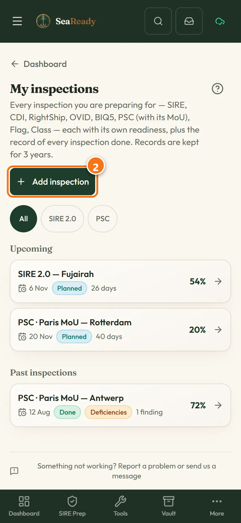The "My inspections" page with the "Add inspection" button, the upcoming SIRE 2.0 and Paris MoU PSC inspections with their readiness, and a past PSC inspection with its outcome.