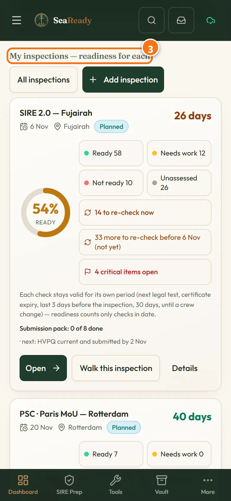 Two readiness cards on the dashboard, one for SIRE 2.0 at Fujairah and one for PSC with the Paris MoU at Rotterdam, each with its percentage, counts, days to go and Open, Zone walk and Details buttons.