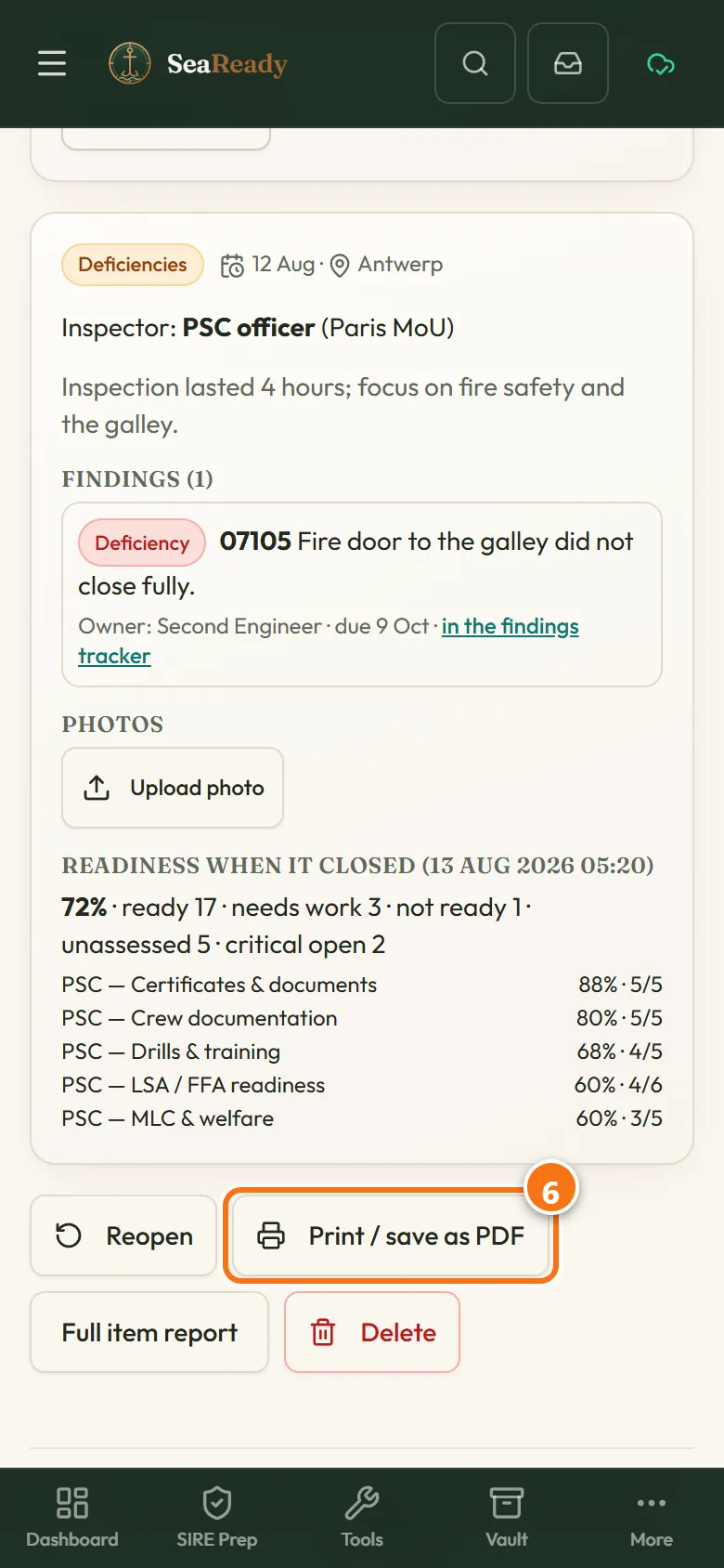 The saved record of a past Paris MoU PSC inspection: outcome "Deficiencies", the inspector, the galley fire door deficiency linked to the findings tracker and the readiness on the day.